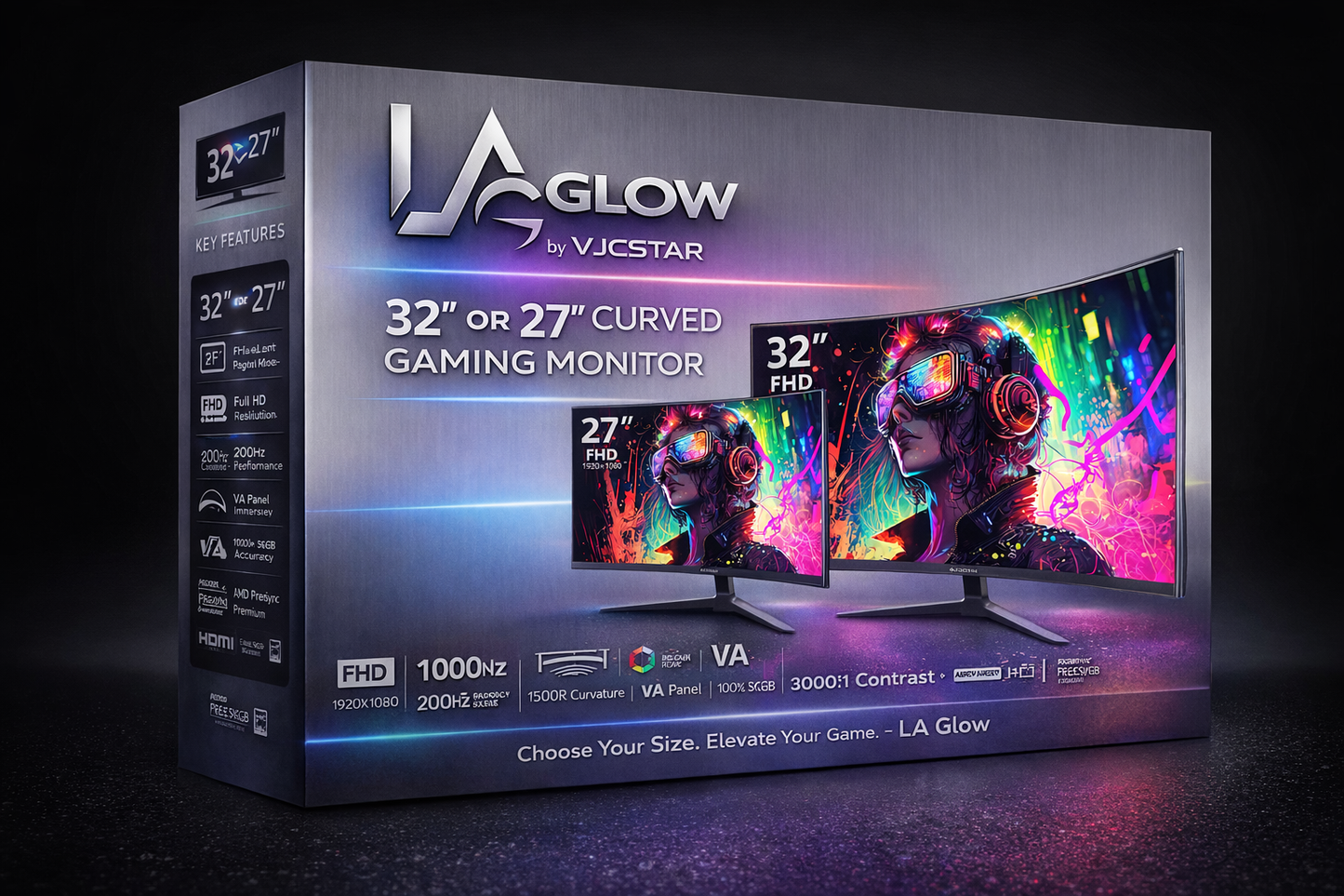 LA Glow Curved Gaming Monitor by VJCSTAR | 27" & 32" FHD 1080P, 200Hz, 1500R VA Display, FreeSync Premium, 100% sRGB