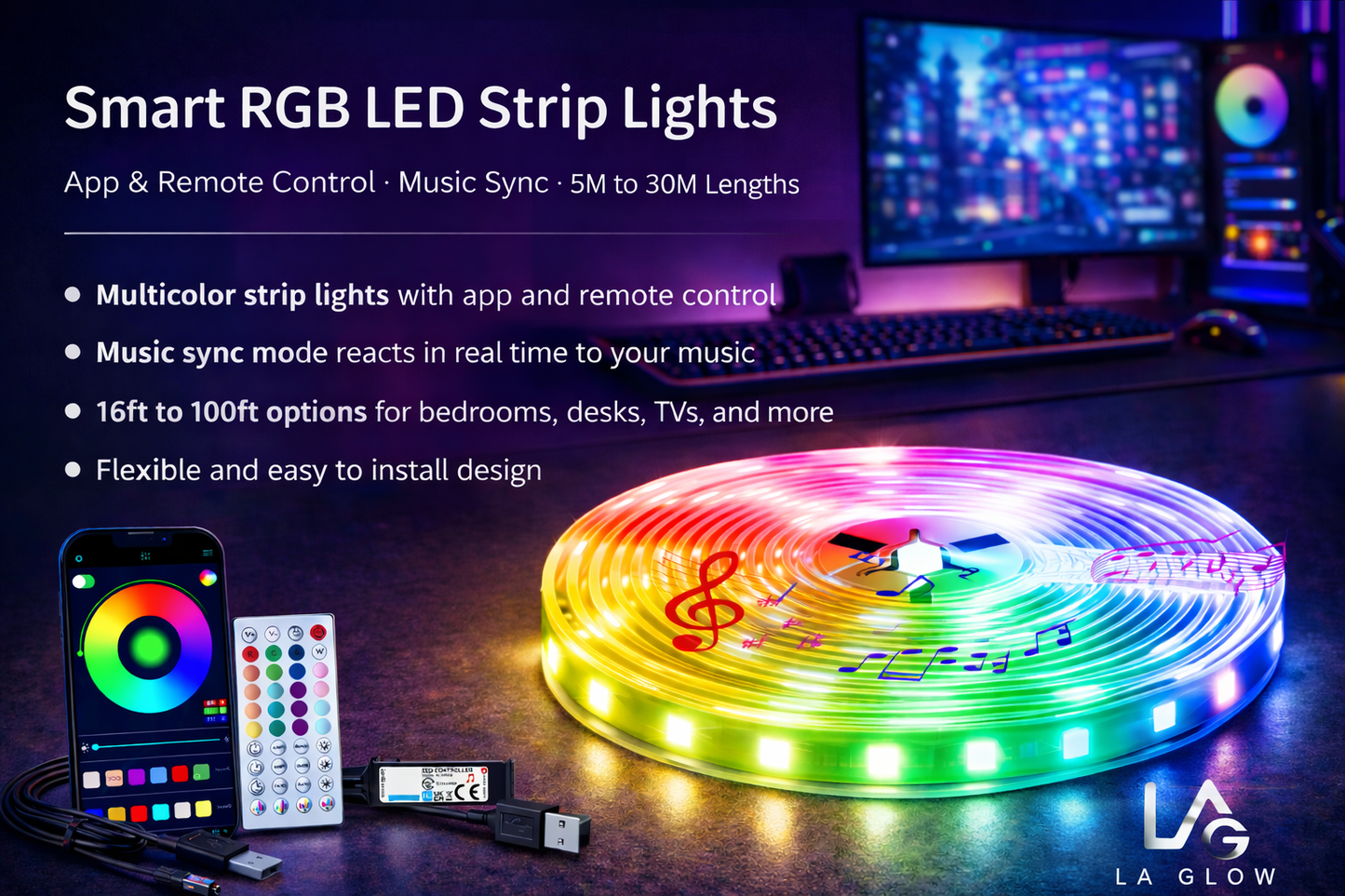 LA Glow Smart RGB LED Strip Lights – 5M to 30M - Premium Strip