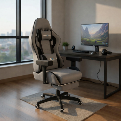 LA GLOW GameTech Premium Leica Grey Gaming Chair with Footrest