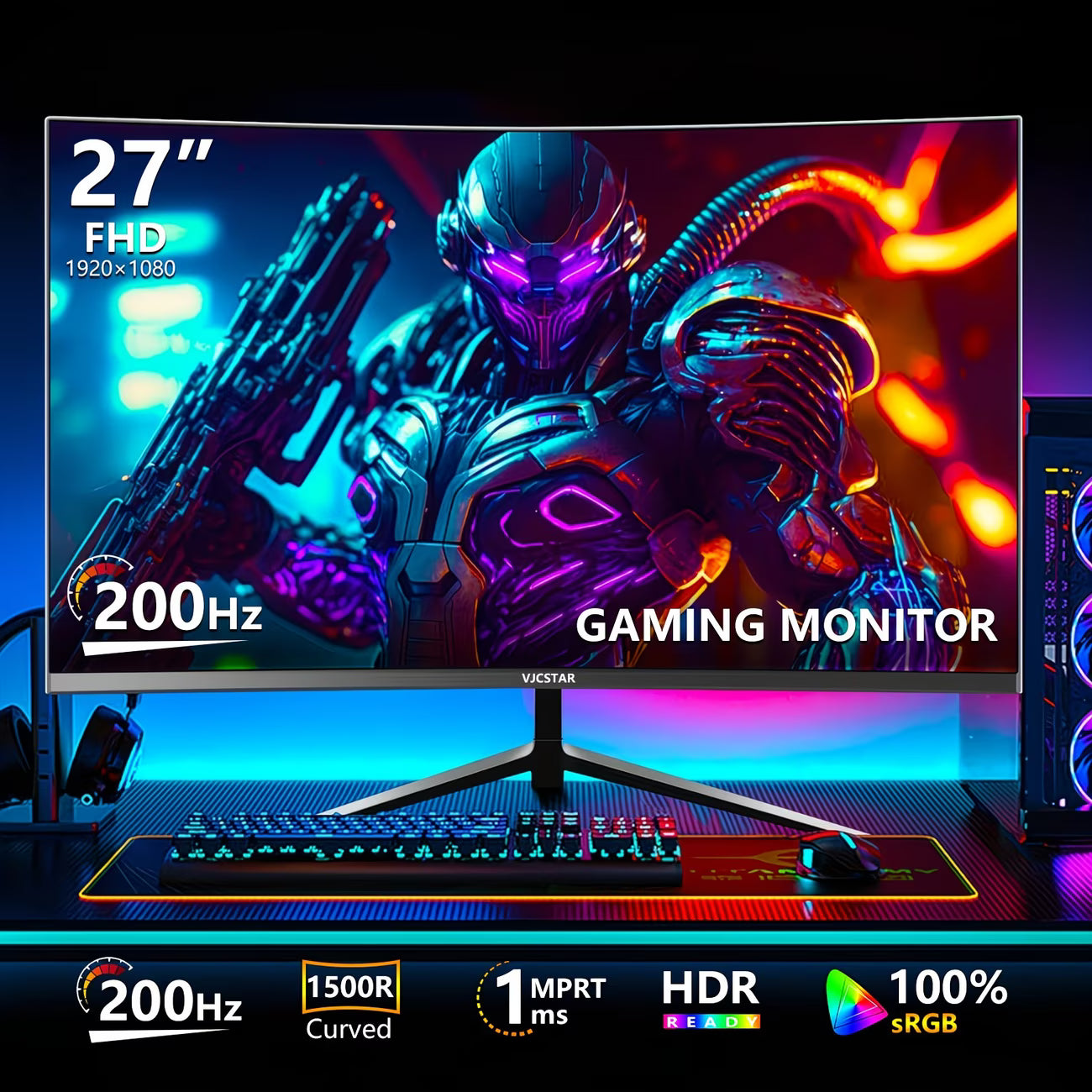 LA Glow Curved Gaming Monitor by VJCSTAR | 27" & 32" FHD 1080P, 200Hz, 1500R VA Display, FreeSync Premium, 100% sRGB